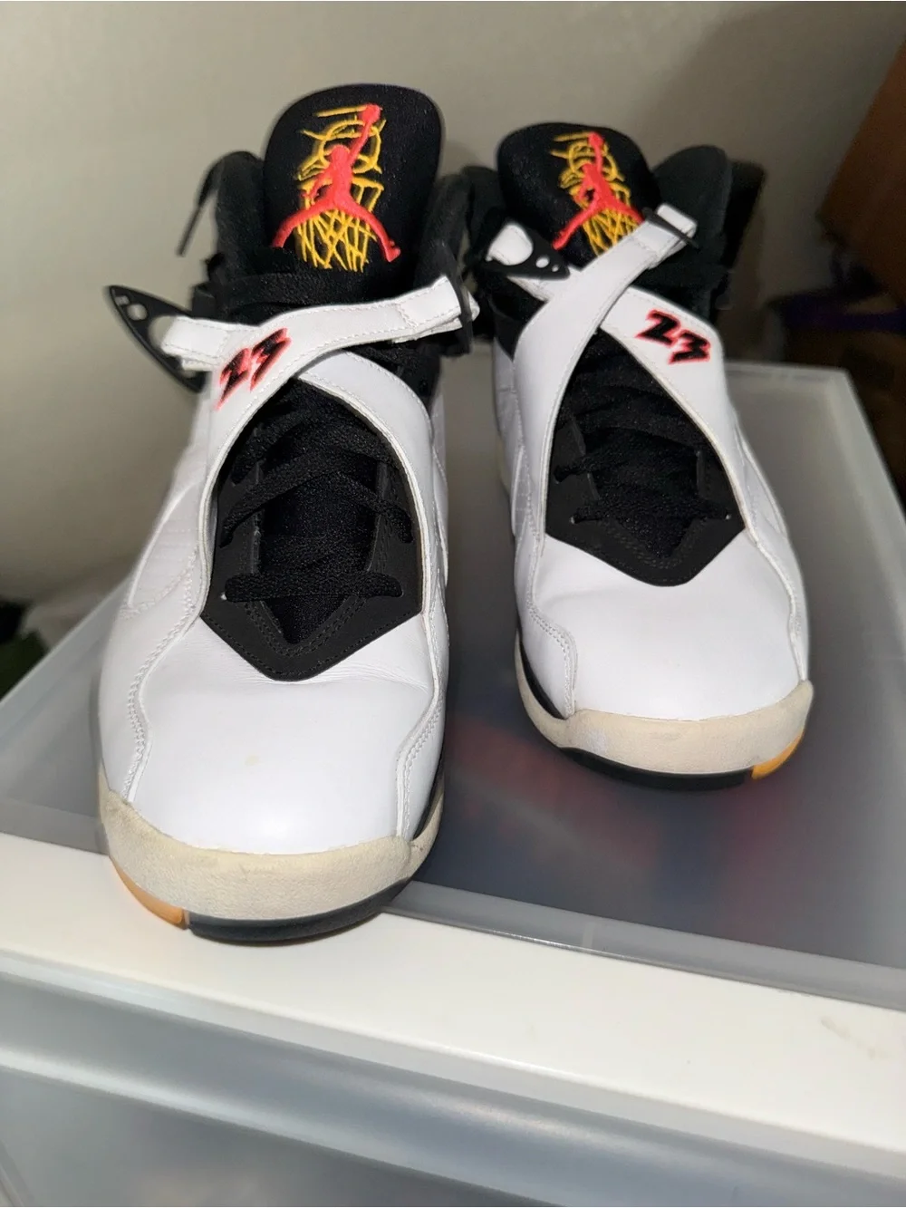 Men’s Jordan 8 White and Black Basketball Sneakers with Red Jumpman Accent